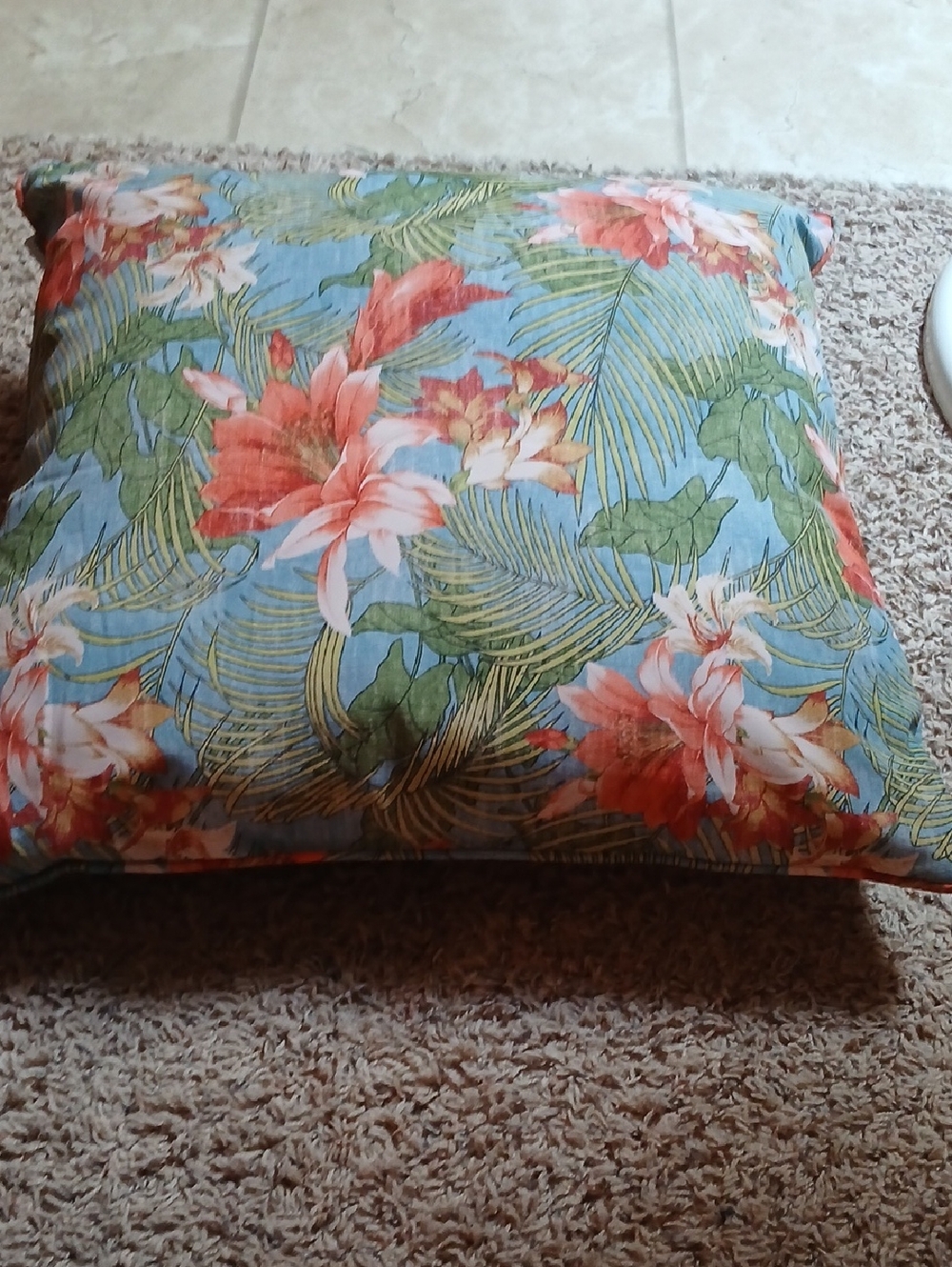 Tommy Bahama Blue Floral Tropical Accent Pillow with Coral Flowers